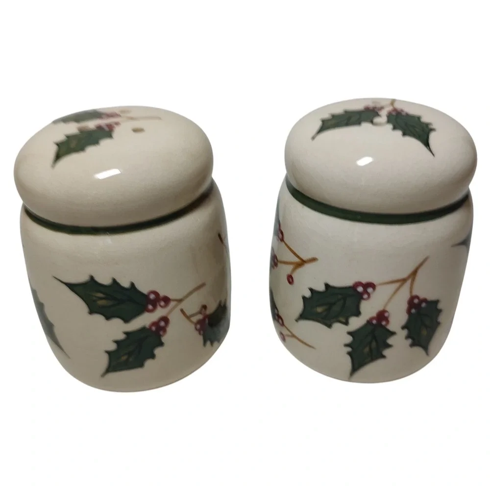 Vintage Ceramic Christmas Holly Salt and Pepper Shakers Red Green Holiday Season